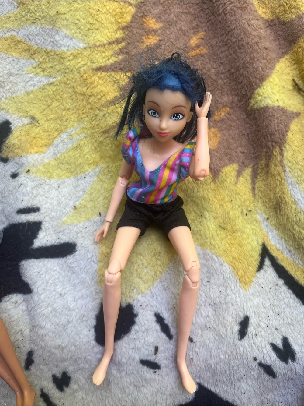 Barbie Doll with Blue Hair and Rainbow Stripe Top